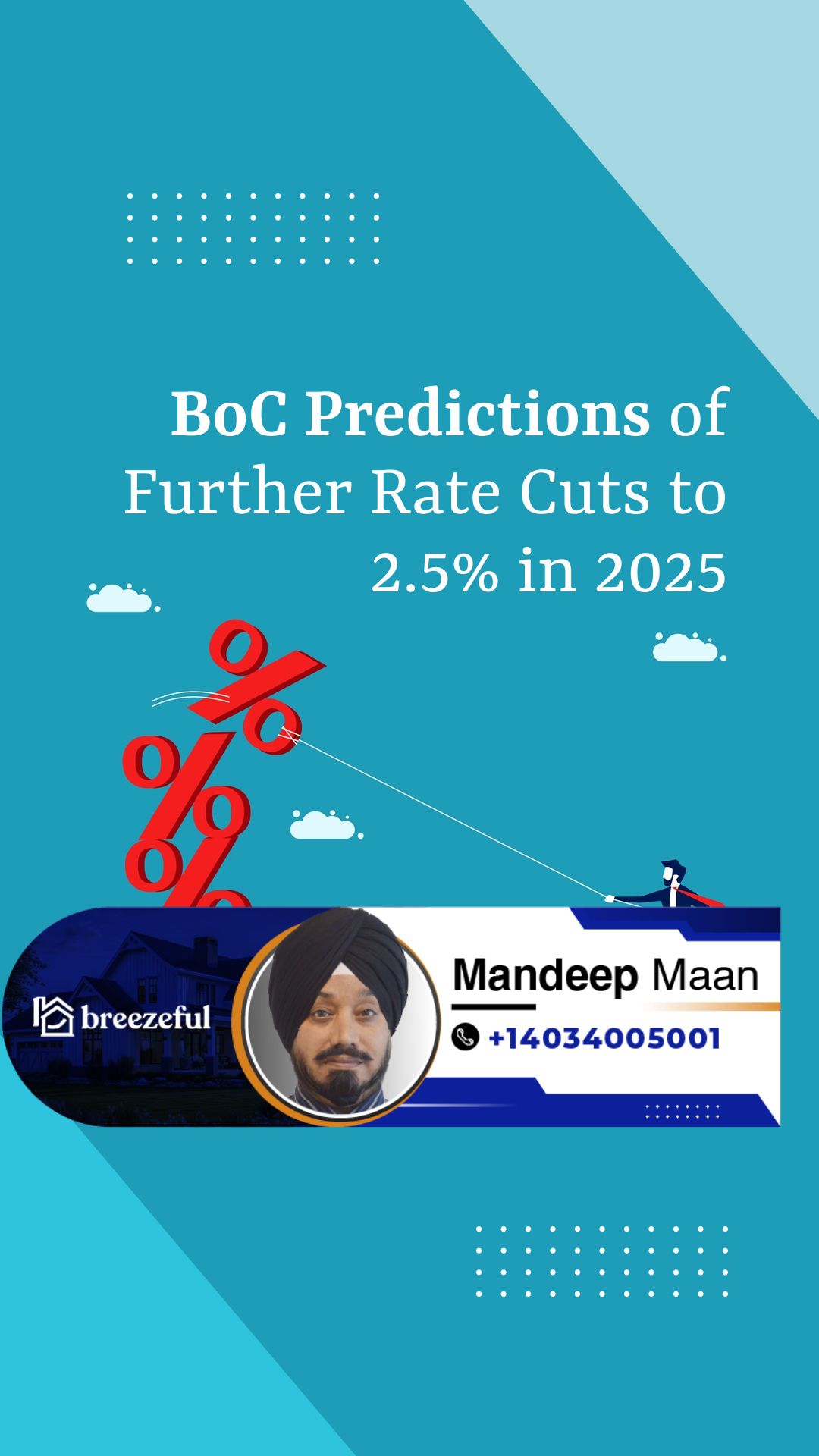 BoC Predictions of Further Rate Cuts to 2.5% in 2025 | Tailored mortgage solutions to secure your dream home, start your process online with Mandeep Maan at breezeful Mortgages